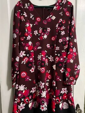 Ann Taylor Burgundy Floral V-Neck Long Sleeve Dress with Pink & White Accents